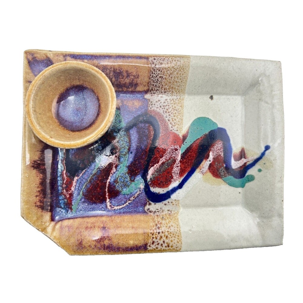 Studio Art Pottery Sushi Plate Dish w/Attached Sauce Bowl Bruce Larabee Signed